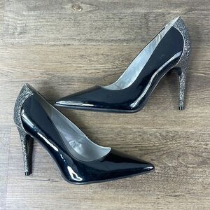 Marc Fisher Black Patent Leather Silver Glitter Metallic Gunmetal Pointed Heel 6